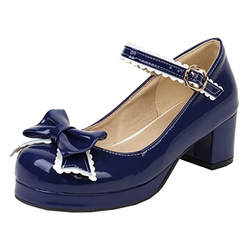 MISSUIT Damen Lack Mary Jane Blockabsatz Pumps mit Plateau Riemchen Schleife Geschlossen Rockabilly Schuhe(Blau,36)