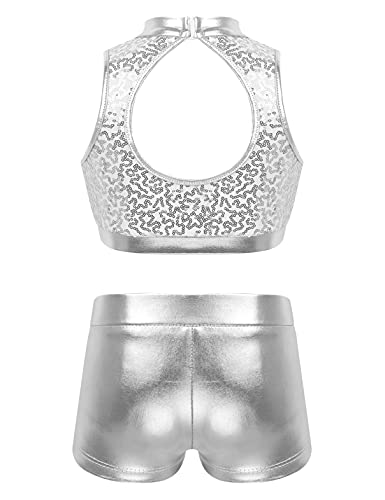 Moily Kids Girls Metallic Two Pieces Dance Outfit Racer Back Sports Bra with Gymnastics Bottoms
