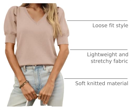 Image of Womens Puff Short Sleeve Sweater Tops 2026 Spring Summer Trendy Casual T Shirts Blouses