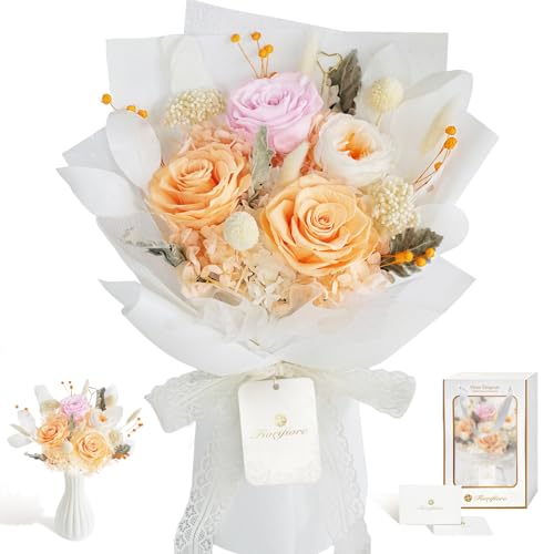 Fiorifiore 母の日 プリザーブドフラワー ブーケ 4輪 薔薇花束 自立式 ギフトボックス付き 誕生日 結婚祝い プレゼントに最適 インテリアドライフラワー Aurivine