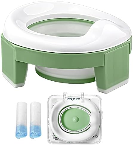 Portable Potty Training Toilet for Toddler Kids,Foldable Training Toilet Indoor Outdoor Potty for Toddler Travel Seat with Travel Bag and Storage Bag（Green）