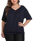 andy & natalie Women's Plus Size Tops Pleated V Neck Loose Baggy Blouse T Shirts Blue