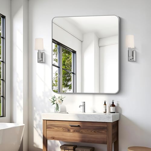 Image of 36x40 Inch Silver Bathroom Mirror, Metal Framed Silver Rectangle Mirrors, Rounded Rectangular Vanity Mirror, Wall Mounted Mirrors for Living Room Bedroom Entryway Hangs Horizontal or Vertical