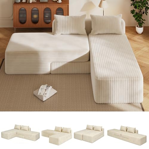 2026 New Convertible Boneless Couch, 4 in 1 Flexible Cloud Couch Sectional Sofa with Adjustable Chaise & Deep Seat, Upholstered Modular Boneless Couches for Living Room, with 2 Pillows, No Assembly