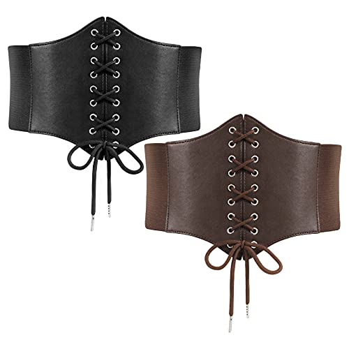 LEACOOLKEY 2 Pack Lace-up Cinch Belts Women Corset Waist Belt Tied Corset Elastic Belt Wide Belt for Women Dress Halloween