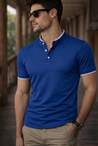 Image of Dagcros Men Polo T-Shirt, with White Trim, Short Sleeve, Button Collar Tshirt for Mens