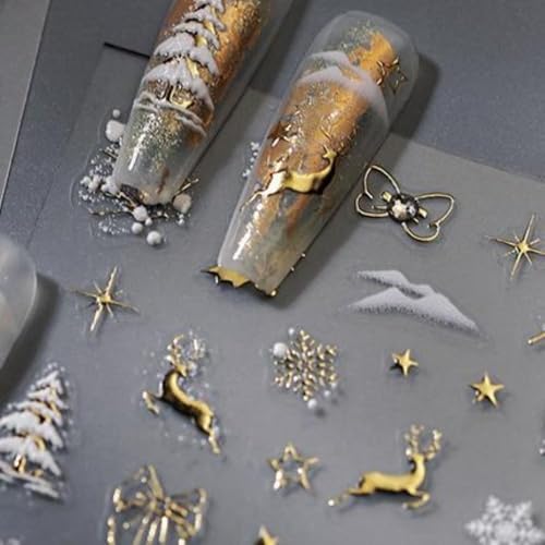 Image of 5D Embossed Gold Reindeer Nail Stickers Christmas Nail Art Stickers Snowflake Nails Decals Self Adhesive Holly Christmas Tree Nails Decals Rhinestone with Design for Women Manicure Supply