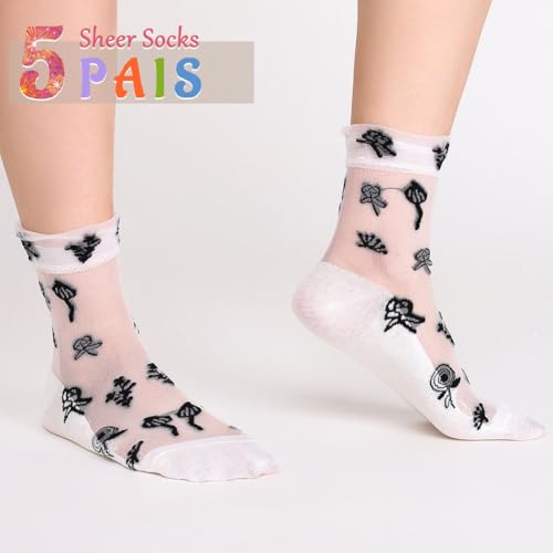 Image of Campsis Sheer Socks Flower Lace Sock Ruffle Sheer Ankle Socks Floral Nylon Sock for Women and Girls(5 Pairs)