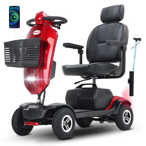 Scooter de movilidad MAX PLUS rojo para mayores, motor 300 W, autonomía 25 km, carga 136 kg, asiento 360°, LED, neumáticos 9 pulgadas