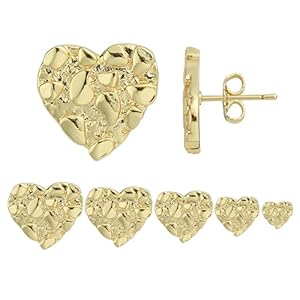 14k Gold Plated Rough Textured Cookie Heart Shape Nugget Stud Earrings For Men/Women Unisex
