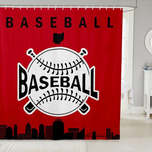 Baseball-Badezimmer-Duschvorhang-Sets, Sportspiele, wasserdichte Badezimmervorhänge für Jungen & Teenager, Baseball-Stadt-Duschvorhang, 182,9 cm B x 213,4 cm L, amerikanische Stadt-Silhouette