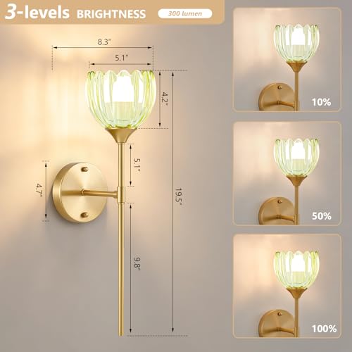 Image of Vintage Battery Operated Wall Sconce Set of 2, Green Tulip Glass Lampshade Wireless 5300 mAh Rechargeable Battery Powered LED Wall Light with Remote Dimmable for Bedroom Bathroom Living Room