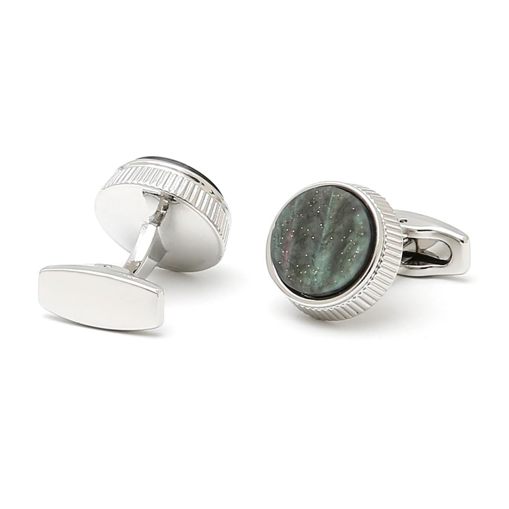 Gemelos para Hombre con Botones Redondos Plateados en la Manga de la Camisa, diseño Verde, para Camisa de Negocios, Cena Informal