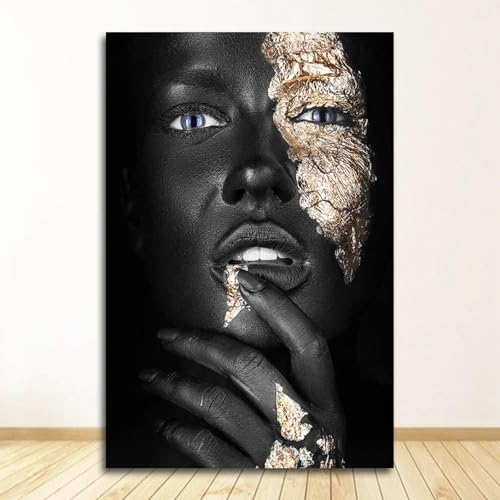 Décoration maison salon avec tableau abstrait femme noir or