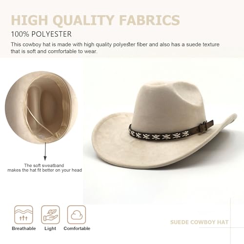Image of Western Suede Cowboy Hat for Women Men Wide Brim Classic Cowboy Cowgirl Hat with Buckle Belt Felt Fedora Hat