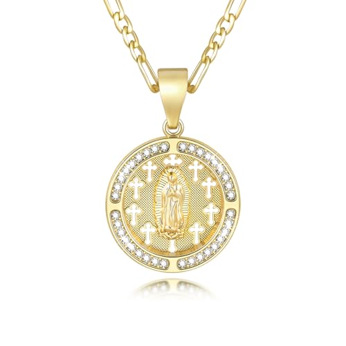 Catholic Crucifix Gifts Rosary Bracelet for Women-14K gold plated Virgin Mary Jesus Cross Charm Link Chain, Dainty Virgen de Guadalupe Religious Gift for Confirmation Baptism First Communion Easter