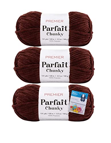 Image of Premier Yarns Parfait Chunky Chenille Yarn 3.5 Oz Super Bulky Weight 3 Pack Bundle with Bella's Stitch Place Holders (Chocolate)