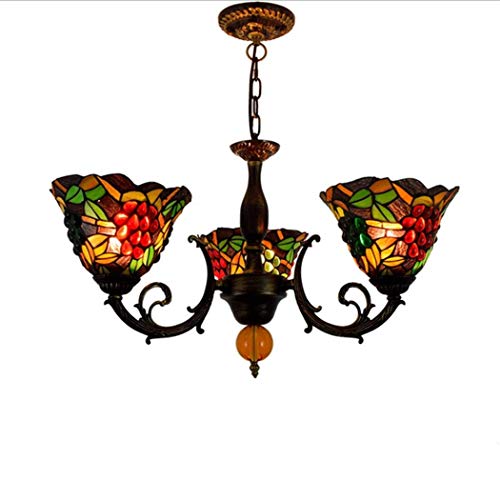 Lustre Tiffany en vitrail artisanal motif raisin à 3 lampes suspendues