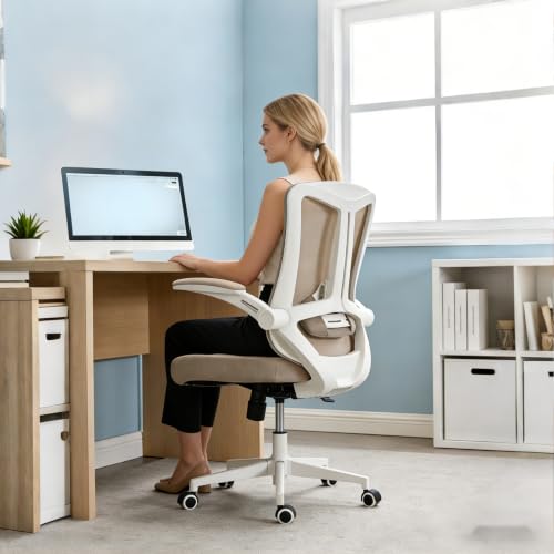 Image of Comfy Office Chair, Adjustable Lumbar Support Desk Chair, Khaki | Ergonomic Office Chair with Flip-up Armrests, 400LBS Capacity Breathable Mesh Computer Chair for Home Offices, Study, Gaming