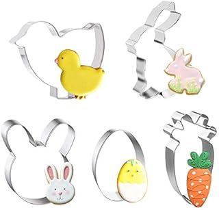 Easter Cookie Cutter Set, XCOZU 5 Pack Stainless Steel Easter Cookie Cutters Shapes Kids with Carrot Egg Rabbit Bunny Chicken Chick, Animal Biscuit Cutters for Fondant Pastry Sandwich Baking Mould