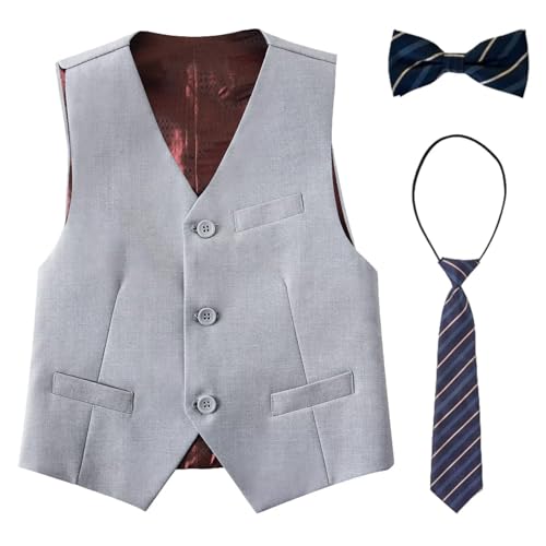 Qisuma Boy's Formal Suit Vest Dress Waistcoat with Pockets and Bowtie Kids Wedding Fashion Light Grey Vest Size 6