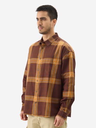 Image of The Souled Store Plaid: Sirocco Men and Boys Collared Neck Long Sleeve Cotton Button Down Relaxed Shirts Brown Shirts Casual Button-Down Full Sleeve Plaid Checks Casual Workwear Fashionable Stylish