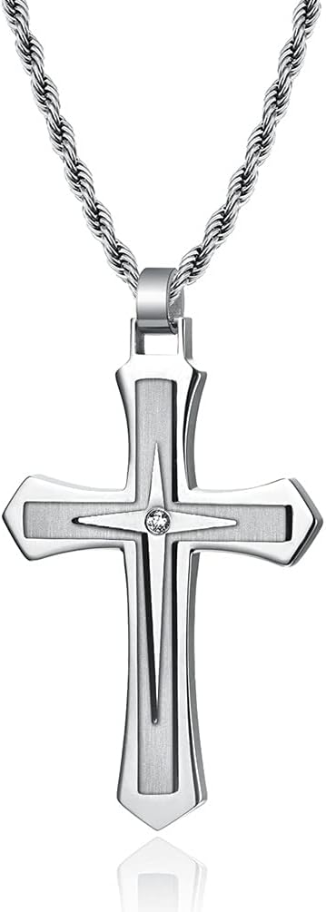 Cross Necklace for Men, Stainless Steel With Crystal Accent Cross Black/Silver Pendant Religious Necklace Christian Jewelry 60 cm/23.6 inches