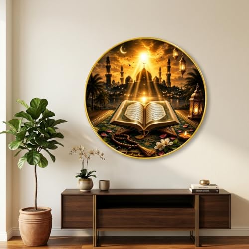 Image of SAF Islamic Quran Round Wall Painting with Premium PVC Golden Frame, Mosque Sunrise Lantern Art, Muslim Religious Home Decor for Prayer Room Living Room (12 x 12 Inch) GRS-429