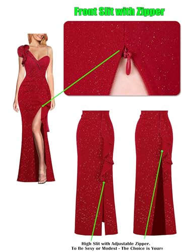 Image of VFSHOW Womens Formal Prom Elegant Ruffle One Shoulder Beaded Strap Ruched Slit Maxi Dress Wedding Evening Long Gown