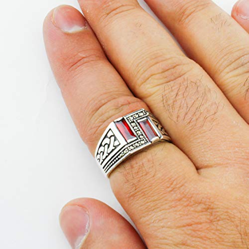 Solid 925 Sterling Silver Turkish Handmade With Baguette Cut Simulated Red Ruby Stone & Marcasite Stone Men's Band Ring (9) #TOP2