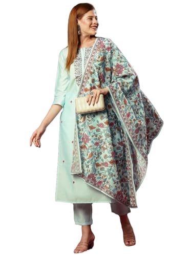 Kurta droite brodée en coton haut de gamme gris taille S avec étole assortie