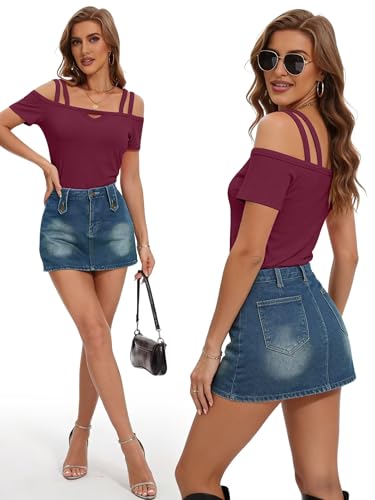 Image of Bliwov Womens Cold Shoulder Tops Short Sleeve Cute Sexy Summer Spring Beach Vacation T Shirts Fashion Outfits Basic Clothes