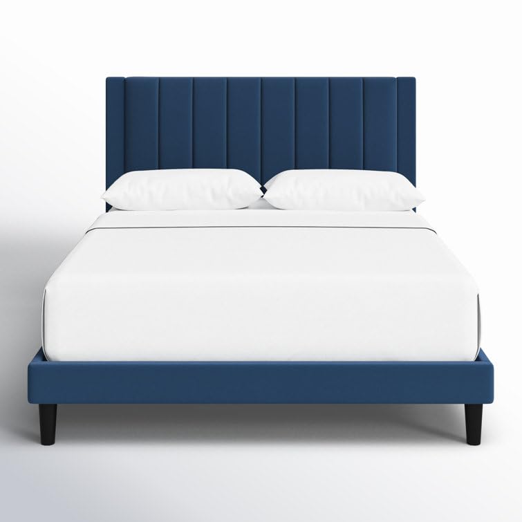 Image of HITHOS Modern Upholstered Queen Size Bed with Wingback Headboard | Wooden Double Bed Cot Palang Without Storage for Living Room Bedroom Home (Navy Blue) 1 Year Warranty