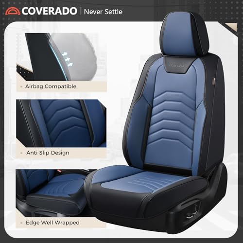 Image of Coverado Leather Seat Covers, Car Seat Covers Front Seats, Waterproof Seat Covers for Cars, Faux Leather Automotive Seat Covers Universal Seat Covers Protector Fit for Most Cars Trucks SUV, Black&Blue
