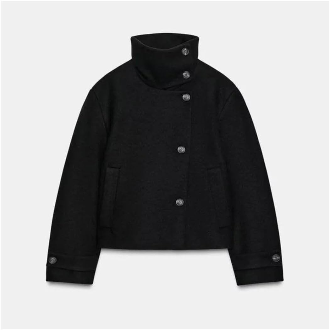 Women's Stand Collar Loose Jacket Cuff Buckle Detail for Autumn Winter Elegant Tops