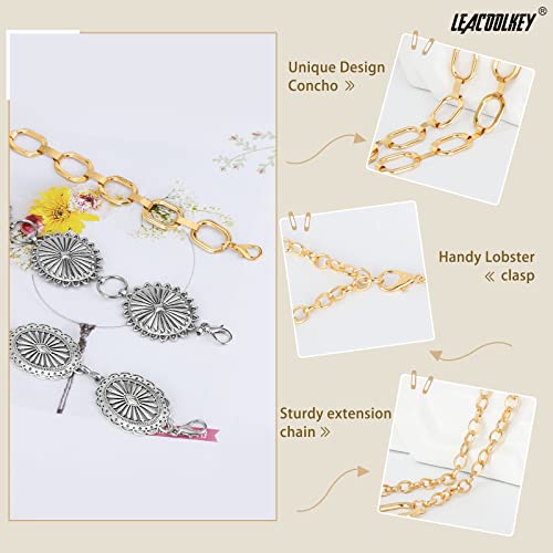 Image of LEACOOLKEY Women Turquoise Concho Chain Waist Belt Silver Western Cowgirl Metal Chain Belt for Dress Adjustable