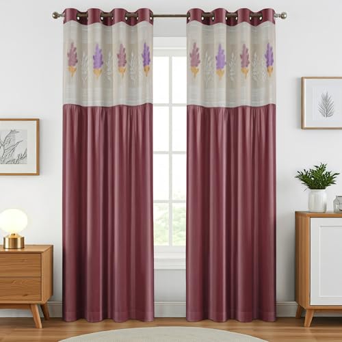 Image of LaVichitra 1 Piece Semi Sheer Floral Net Curtain - 9 X 4 Feet, Long Door Curtains, Burgundy