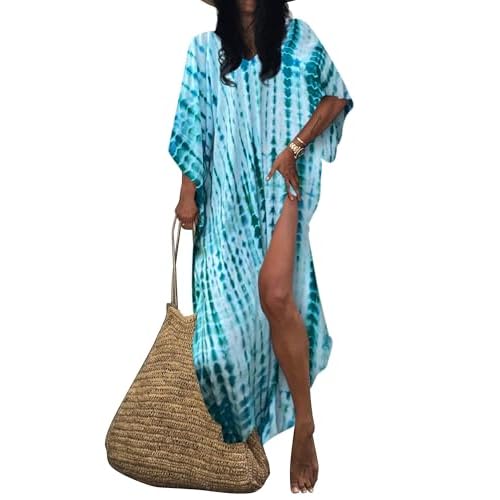Bsubseach Kaftan Dresses for Women 2025 Plus Size Swimsuit Cover Up Tie Dye Caftan Maxi Dress Loungewear C- Blue&green One Size