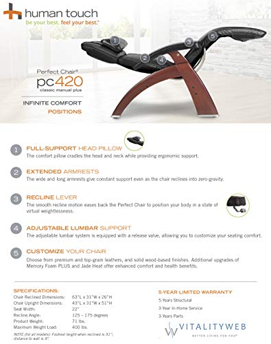 Perfect Chair Human Touch Pc-420 Classic Manual Plus With Memory Foam Plus Kit Walnut Wood Base Zero-Gravity Recliner - Black Premium Leather - In-Home White Glove Delivery #TOP4