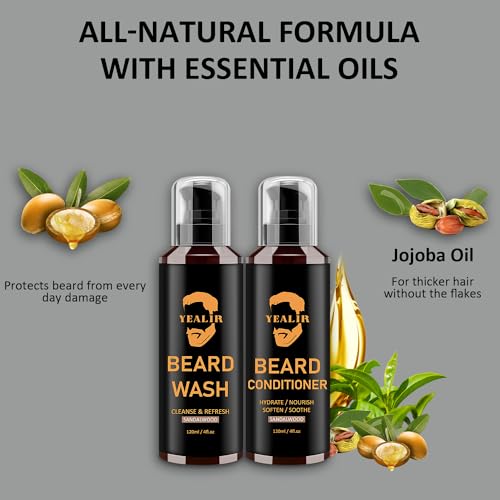Beard Wash & Conditioner & Silicone Beard Brush Set w/Argan & Jojoba Oils - Reduce Beard Itchy, Dandruff, Beard Shampoo, Softens & Strengthens & Shine - 2 x 4 Fl Oz 120ML - Image 4