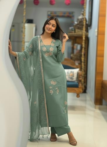Image of ANNI Designer Women's Rayon Viscose Straight Printed Embroidered Kurta with Pant & Dupatta | Ethnic Kurta Set for Women | Daily, Office & Festive Traditional