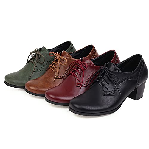 SaraIris Sapato feminino Oxfords Brogues salto grosso, bico quadrado, cadarço, sapato de couro vinta