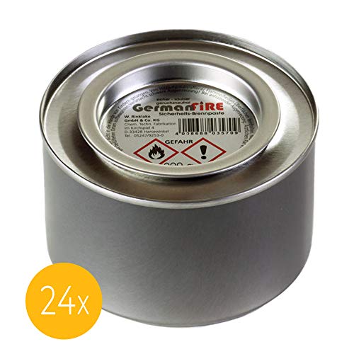 Foto von 24 x GermanFire- Sicherheits-Brennpaste aus ungiftigem Ethanol, Dose 200 g Brenndauer 2,5 Std. pro Dose, Brenngel für Chafing Dish Speisewärmer Warmhaltebehälter Rechaud