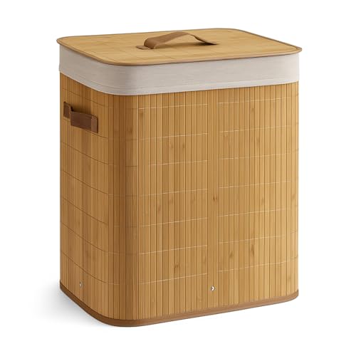 TIENDA EURASIA – Cesto Ropa Sucia | Material Bambú y Tela | Medidas 40x50x30 cm | Color Marrón Claro y Blanco | Capacidad 60 Litros | Diseño Rectangular