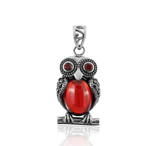 Pendentif argent 925 hibou serti de zircone rouge haute joaillerie
