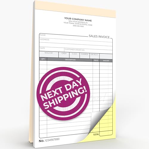 Custom Carbonless NCR Sales Invoice Form Books 5.5 x 8.5 Inches - NCR 2-Part Staple Bound Pads with Manila Cover Personalized with Company Name and Number Printed (100 Sets)