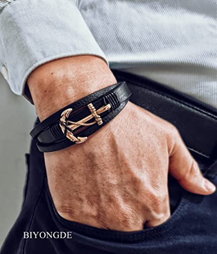 Three-strand Black Leather Bangle Bracelet Gold Color Steel Sailing Rope Marine Anchor2