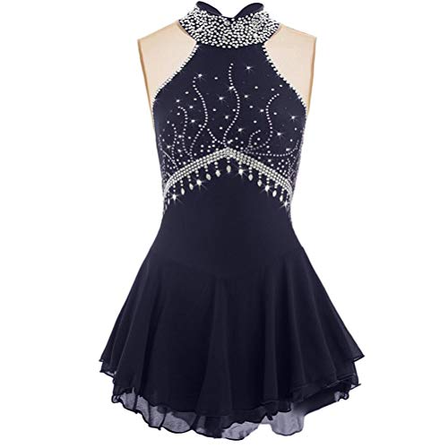 YunNR Robe de Patinage Artistique pour Filles/Dames Costume de Compétition Licou sans Manches Justaucorps de Spectacle de Danse sur Glace Tenue de Patinage avec Cristaux Personnalisable,Noir,S Cover
