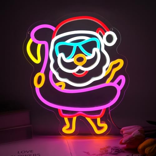 InnovTools Christmas in July Neon Sign, Summer Santa Claus Flamingo Neon Lights for Wall Decor, USB Dimmable Tropical Xmas Light up Sign for Hawaiian Holiday Bedroom Party Bar Backdrop Decoration