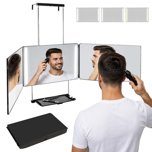LADETTO 3 Way Mirror with Lights and Shelf,Folding 360 Self Cut Mirror for Men & Women,with Dimmable LED,Rechargeable, Adjustable Hook for Wall/Door/Tabletop,for Haircuts Makeup Braiding Shaving